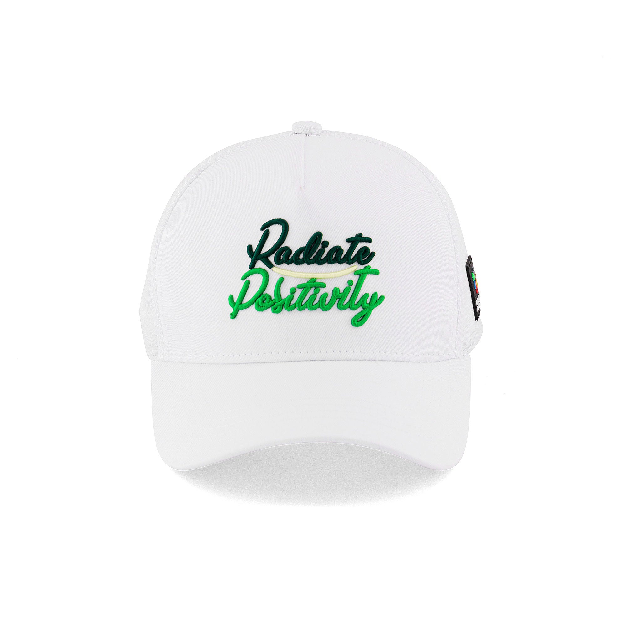 White Mesh Cap with 'Radiate Posotivity' Design Embroidered